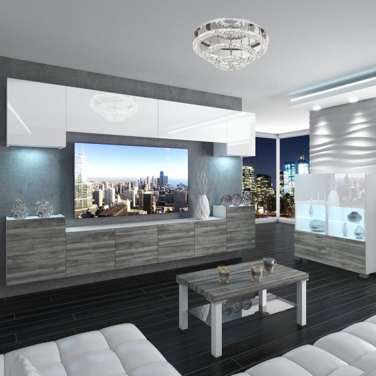 Obývací stěna Belini Premium Full Version bílý lesk / šedý antracit Glamour Wood + LED osvětlení Nexum 58 Výrobce NEX 4/0/W/WGW1/0/0/PP
