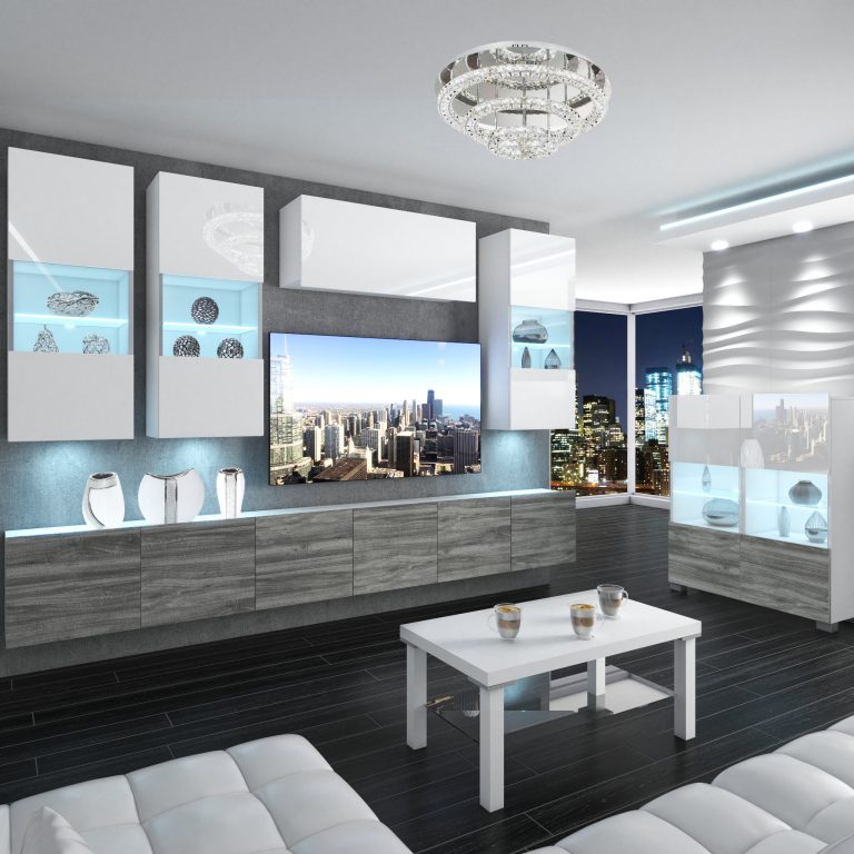 Obývací stěna Belini Premium Full Version  bílý lesk
 / šedý antracit Glamour Wood + LED osvětlení Nexum 76 Výrobce NEX 5/0/W/WGW1/0/0/P
