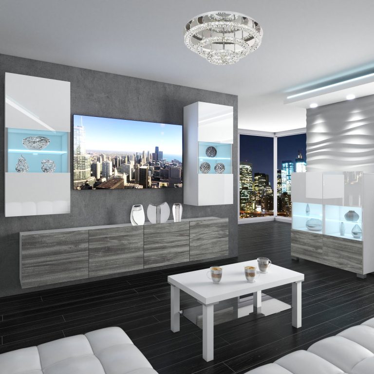 Obývací stěna Belini Premium Full Version  bílý lesk / šedý antracit Glamour Wood + LED osvětlení Nexum 101 Výrobce NEX 7/0/W/WGW1/0/0/PP
