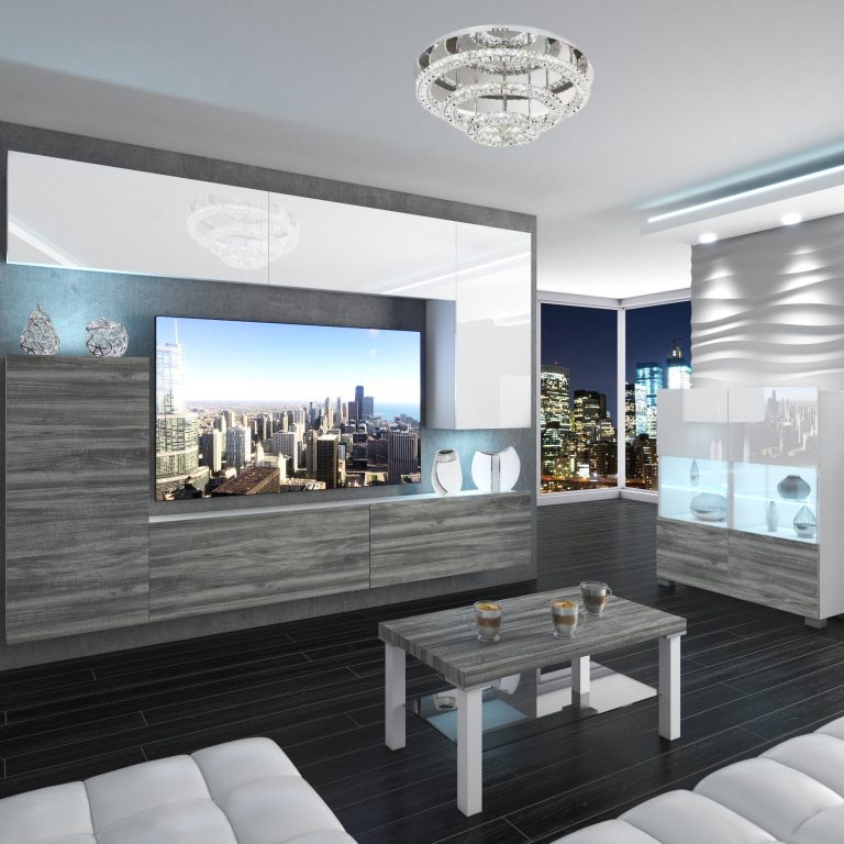 Obývací stěna Belini Premium Full Version  bílý lesk / dšedý antracit Glamour Wood + LED osvětlení Nexum 118 Výrobce NEX 8/0/W/WGW1/0/0/PP
