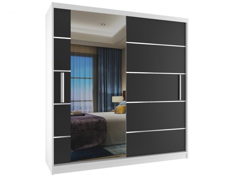Šatní skříň 158 cm Belini bílý mat / černý mat s posuvnými dveřmi a zrcadlem Výrobce MBP SZP3/2/W/B/0/AL