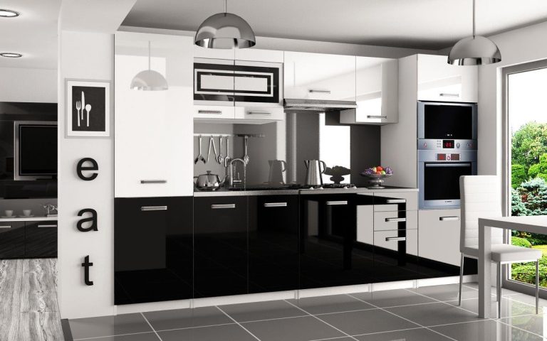Kuchyňská linka Belini 300 cm bílý lesk / černý lesk
s pracovní deskou Syntka Výrobce INF SYNTKA/6/WT/WB/0/F