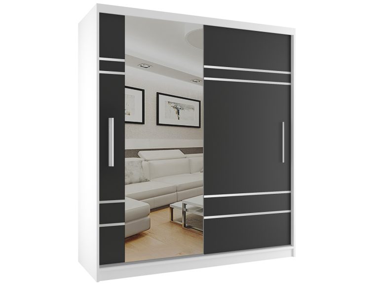 Šatní skříň 158 cm Belini bílý mat / černý mat s posuvnými dveřmi a zrcadlem Výrobce MP SZP3/2/W/B/0/AL