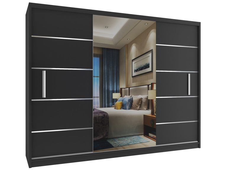 Šatní skříň 232 cm Belini bílý mat / černý mat s posuvnými dveřmi a zrcadlem Výrobce MBP SZP4/2/1B/2B1L/0/AL