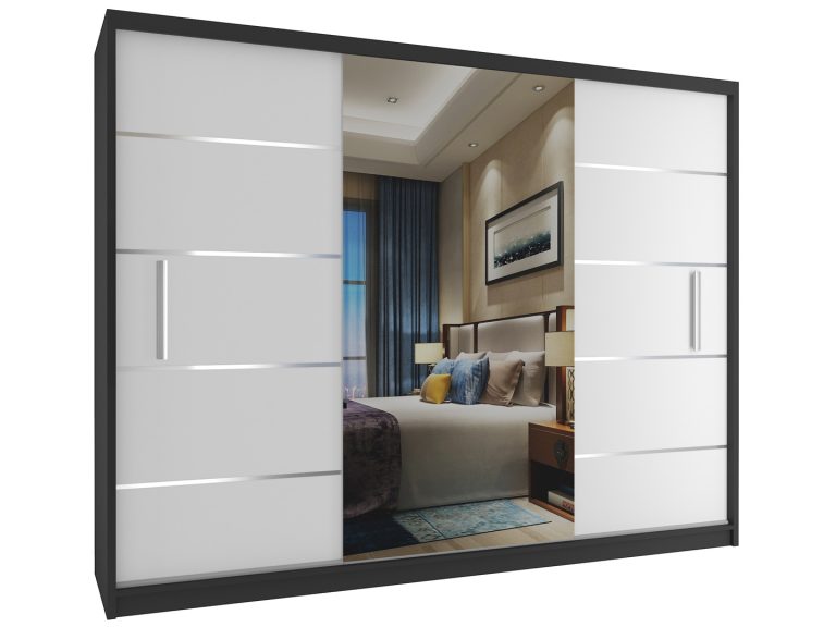 Šatní skříň 232 cm Belini černý mat / bílý mat s posuvnými dveřmi a zrcadlem Výrobce MBP SZP4/2/1B/2W1L/0/AL