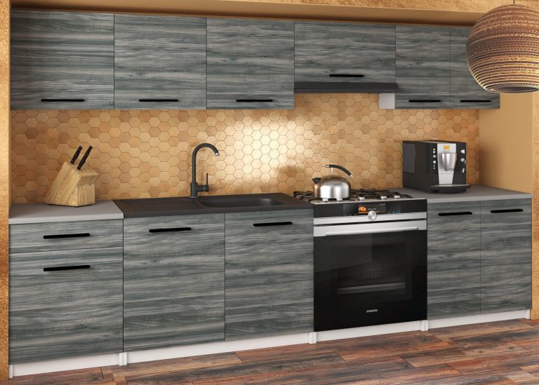 Kuchyňská linka Belini 240 cm šedá antracit Glamour Wood s pracovní deskou Uniqa2 Výrobce TOR UNIQA2/5/WT/GW1/0/B1