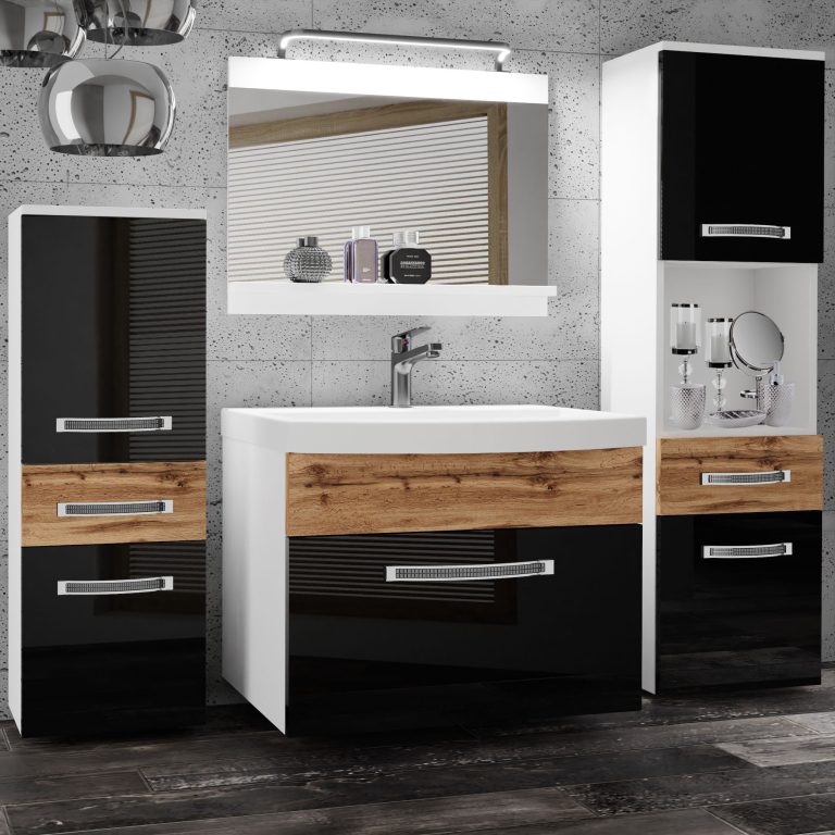 Koupelnový nábytek Belini Premium Full Version černý lesk / dub wotan+ umyvadlo + zrcadlo + LED osvětlení Glamour 95 Výrobce GLA PM 5/0/W/BDW/0/MB/PP
