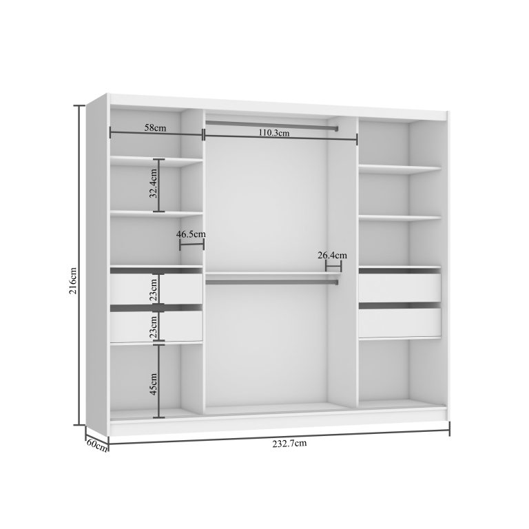 Šatní skříň 232 cm Belini bílý mat / šedý mat s posuvnými dveřmi zrcadlem a zásuvkami Výrobce MBP SZP8/0/1W/2SR1L/0/KLAL