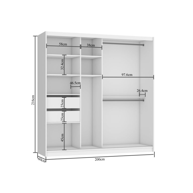 Šatní skříň 200 cm Belini bílý mat / šedý lesk s posuvnými dveřmi zrcadlem a zásuvkami Výrobce MGB SZP5/1/W/1L5S/KLAL
