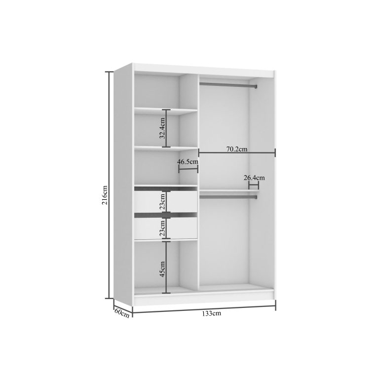 Šatní skříň 133 cm Belini bílý mat / černý lesk s posuvnými dveřmi zrcadlem a zásuvkami Výrobce MGB SZP6/1/W/1L5B/KLAL