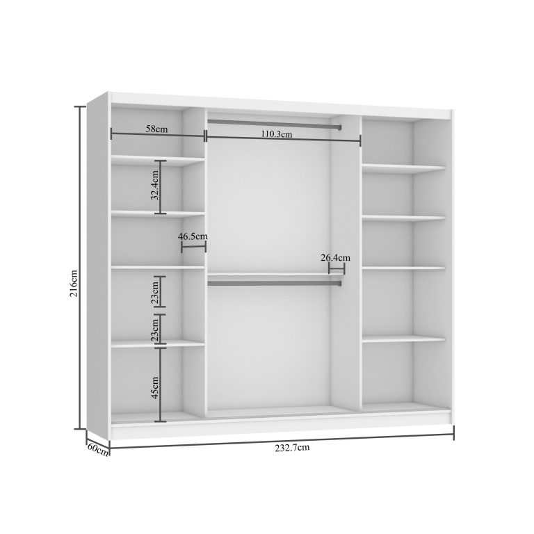Šatní skříň s posuvnými dveřmi 232 cm se zrcadlem bílá matná Výrobce MES PRIMO SZP4/2/1W/2W1L/0/AL