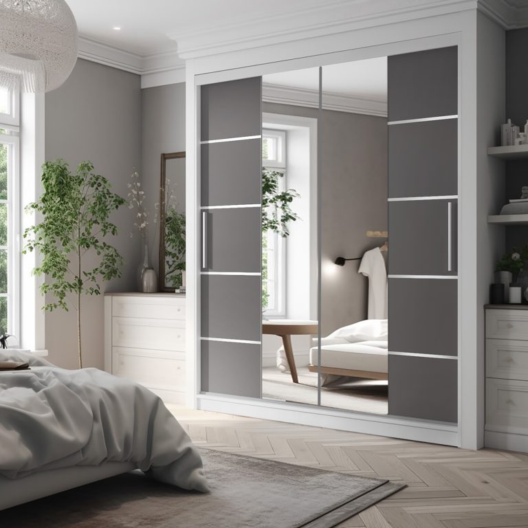 Šatní skříň 200 cm Belini bílý mat / šedý mat s posuvnými dveřmi zrcadlem a zásuvkami Výrobce ME SZP5/1/W/SR/0/KLAL
