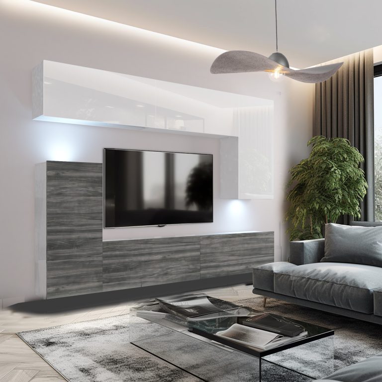 Obývací stěna Belini Premium Full Version  bílý lesk / dšedý antracit Glamour Wood + LED osvětlení Nexum 118 Výrobce NEX 8/0/W/WGW1/0/0/PP
