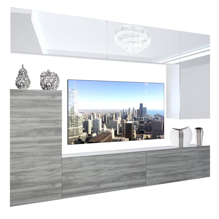 Obývací stěna Belini Premium Full Version  bílý lesk / dšedý antracit Glamour Wood + LED osvětlení Nexum 118 Výrobce NEX 8/0/W/WGW1/0/0/PP
