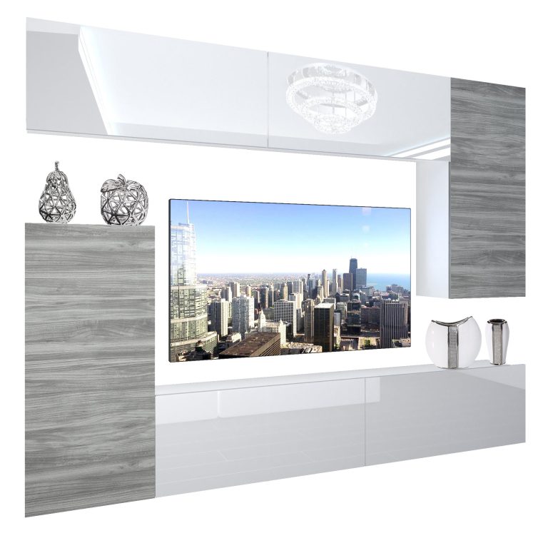 Obývací stěna Belini Premium Full Version  bílý lesk / dšedý antracit Glamour Wood + LED osvětlení Nexum 119 Výrobce NEX 8/0/W/WGW1WGW1/0/0/PP
