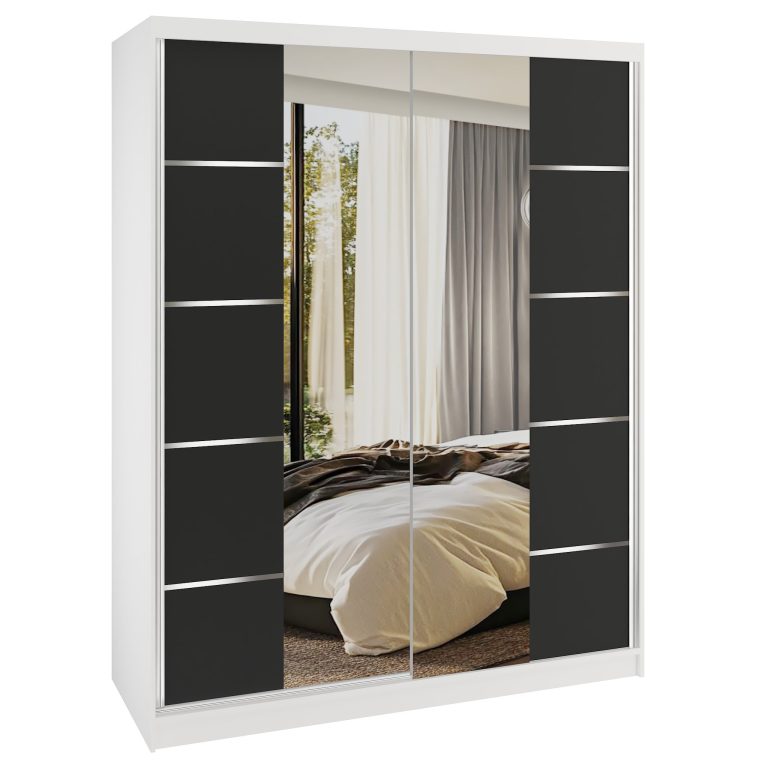 Šatní skříň SERENITY 133 cm Belini bílý mat / černý mat s posuvnými dveřmi a zrcadlem Výrobce ME SERENITY SZP6/0/W/B/0/HIAL