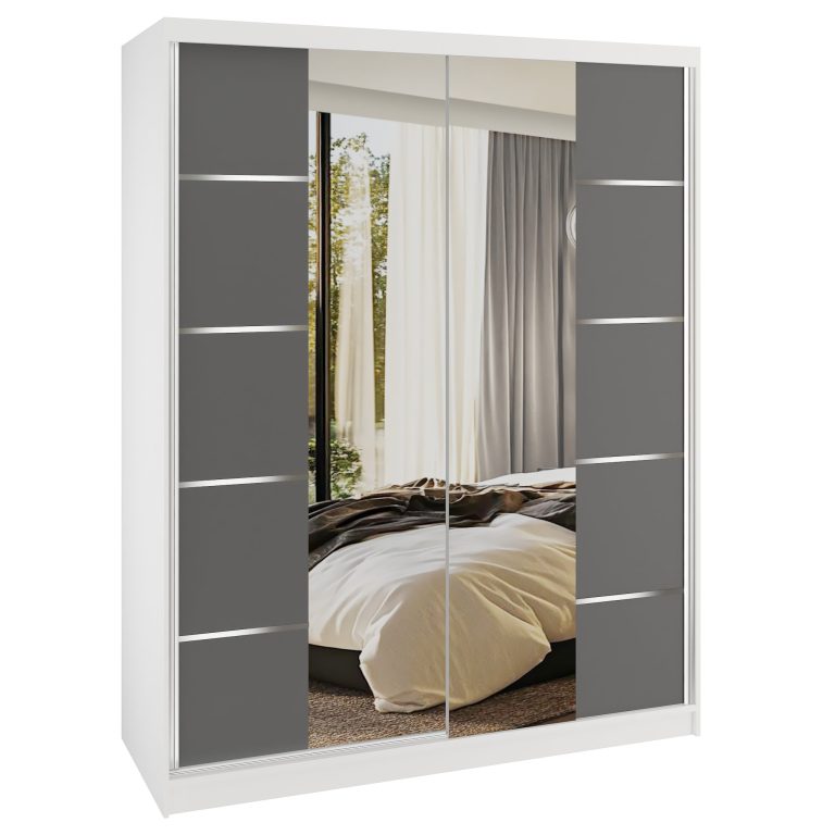 Šatní skříň SERENITY 133 cm Belini bílý mat / šedý mat s posuvnými dveřmi a zrcadlem Výrobce ME SERENITY SZP6/0/W/SR/0/HIAL