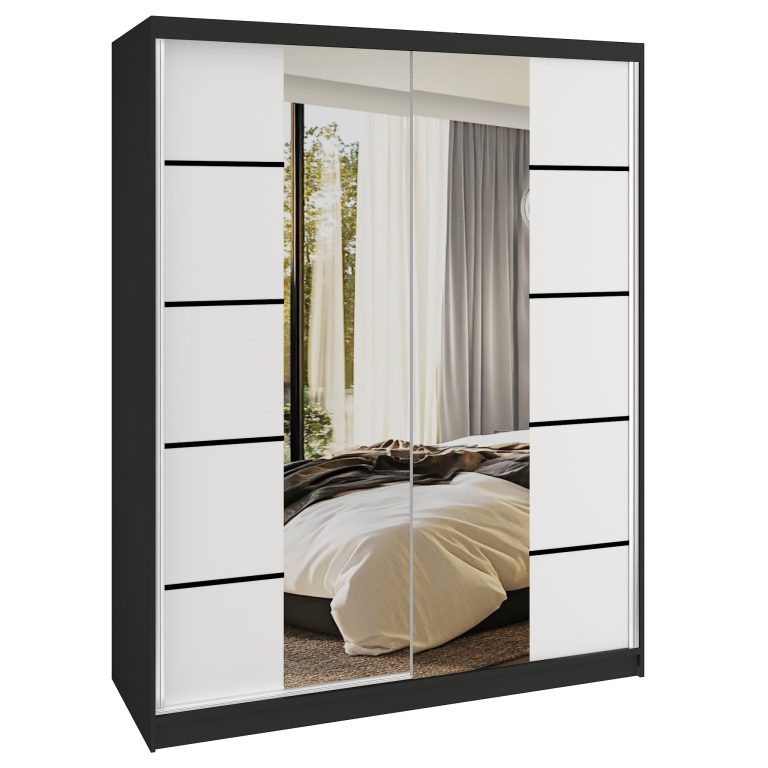 Šatní skříň SERENITY 133 cm Belini černý mat / bílý mat s posuvnými dveřmi a zrcadlem Výrobce ME SERENITY SZP6/0/B/W/0/HIAL