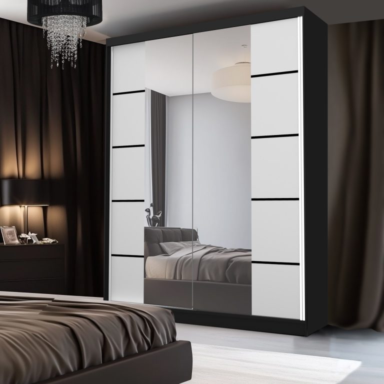 Šatní skříň SERENITY 133 cm Belini černý mat / bílý mat s posuvnými dveřmi a zrcadlem Výrobce ME SERENITY SZP6/0/B/W/0/HIAL