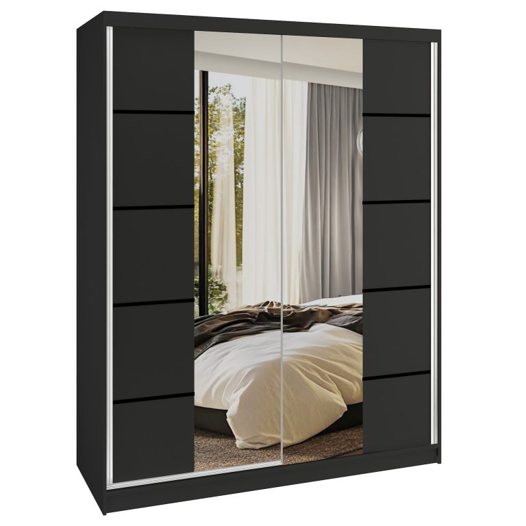 Šatní skříň SERENITY 133 cm Belini černý mat / černý mat s posuvnými dveřmi a zrcadlem Výrobce ME SERENITY SZP6/0/B/B/0/HIAL