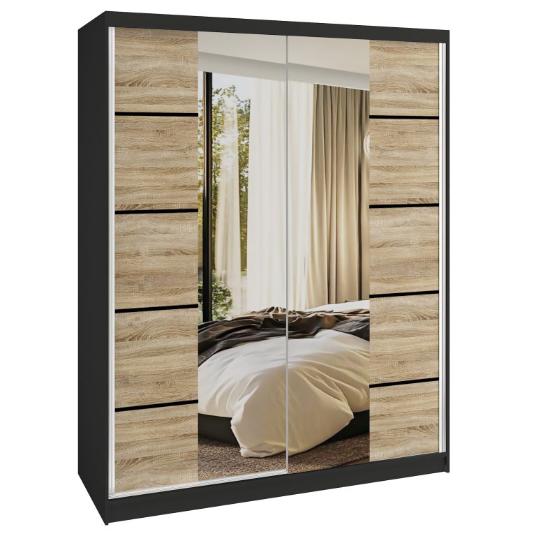 Šatní skříň SERENITY 133 cm Belini černý mat / dub sonoma s posuvnými dveřmi a zrcadlem Výrobce ME SERENITY SZP6/0/B/DS/0/HIAL