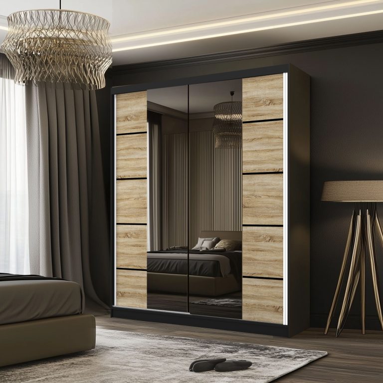 Šatní skříň SERENITY 133 cm Belini černý mat / dub sonoma s posuvnými dveřmi a zrcadlem Výrobce ME SERENITY SZP6/0/B/DS/0/HIAL