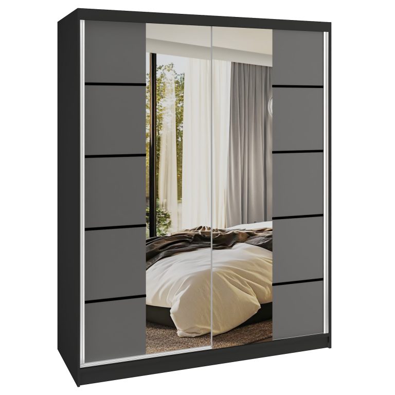 Šatní skříň SERENITY 133 cm Belini černý mat / šedý mat s posuvnými dveřmi a zrcadlem Výrobce ME SERENITY SZP6/0/B/SR/0/HIAL