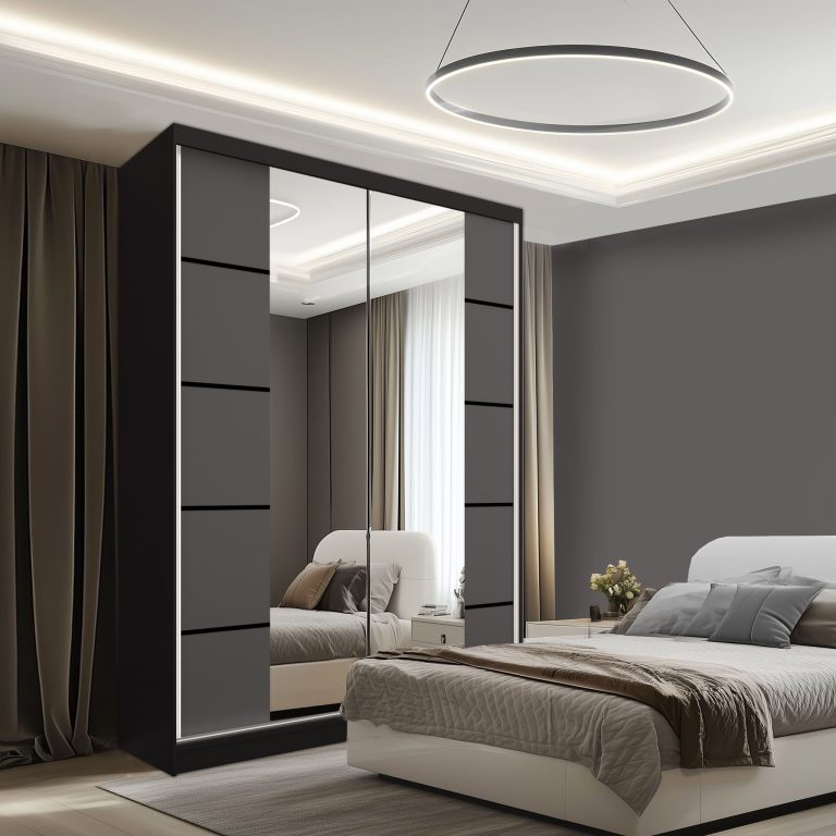 Šatní skříň SERENITY 133 cm Belini černý mat / šedý mat s posuvnými dveřmi a zrcadlem Výrobce ME SERENITY SZP6/0/B/SR/0/HIAL