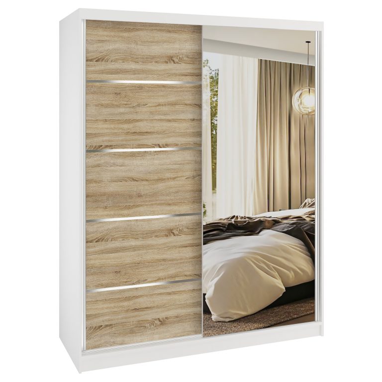 Šatní skříň SERENITY 133 cm Belini bílý mat / dub sonoma s posuvnými dveřmi a zrcadlem Výrobce MBP SERENITY SZP6/0/W/DS/0/HIAL