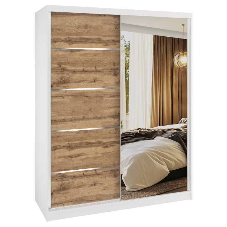 Šatní skříň SERENITY 133 cm Belini bílý mat / dub wotan s posuvnými dveřmi a zrcadlem Výrobce MBP SERENITY SZP6/0/W/DW/0/HIAL