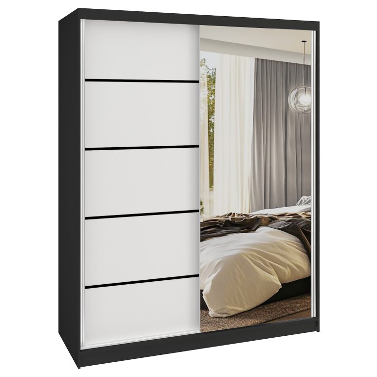 Šatní skříň SERENITY 133 cm Belini černý mat / bílý mat s posuvnými dveřmi a zrcadlem Výrobce MBP SERENITY SZP6/0/B/W/0/HIAL