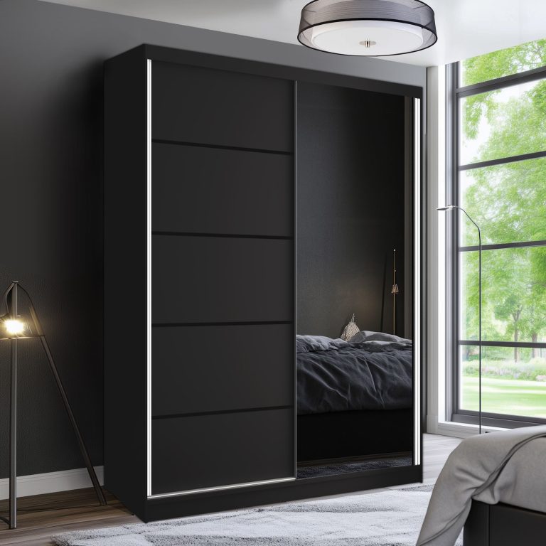 Šatní skříň SERENITY 133 cm Belini černý mat / černý mat s posuvnými dveřmi a zrcadlem Výrobce MBP SERENITY SZP6/0/B/B/0/HIAL