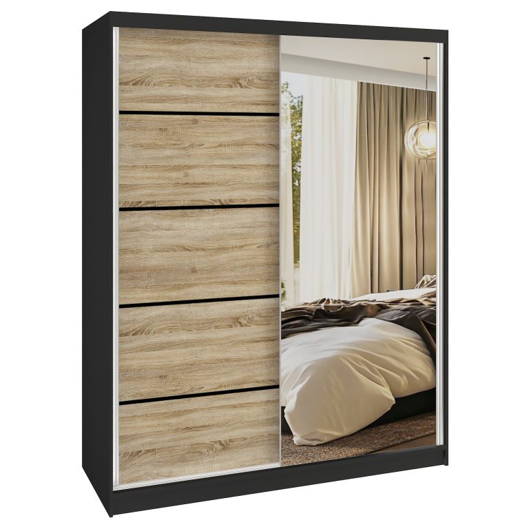 Šatní skříň SERENITY 133 cm Belini černý mat / dub sonoma s posuvnými dveřmi a zrcadlem Výrobce MBP SERENITY SZP6/0/B/DS/0/HIAL