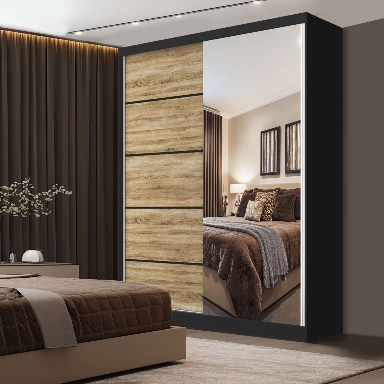 Šatní skříň SERENITY 133 cm Belini černý mat / dub sonoma s posuvnými dveřmi a zrcadlem Výrobce MBP SERENITY SZP6/0/B/DS/0/HIAL