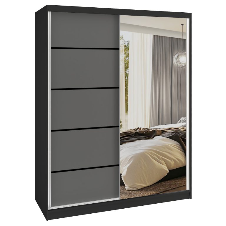 Šatní skříň SERENITY 133 cm Belini černý mat / šedý mat s posuvnými dveřmi a zrcadlem Výrobce MBP SERENITY SZP6/0/B/SR/0/HIAL