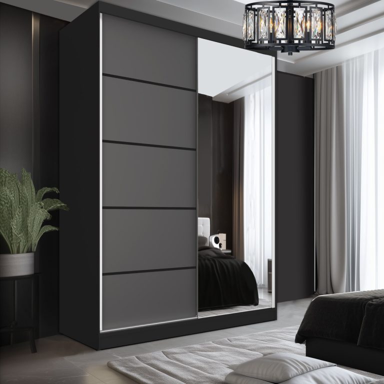 Šatní skříň SERENITY 133 cm Belini černý mat / šedý mat s posuvnými dveřmi a zrcadlem Výrobce MBP SERENITY SZP6/0/B/SR/0/HIAL