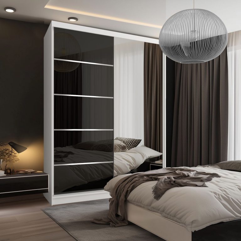 Šatní skříň SERENITY 133 cm Belini bílý mat / černý lesk s posuvnými dveřmi a zrcadlem Výrobce MGB SERENITY SZP6/0/W/B/0/HIAL