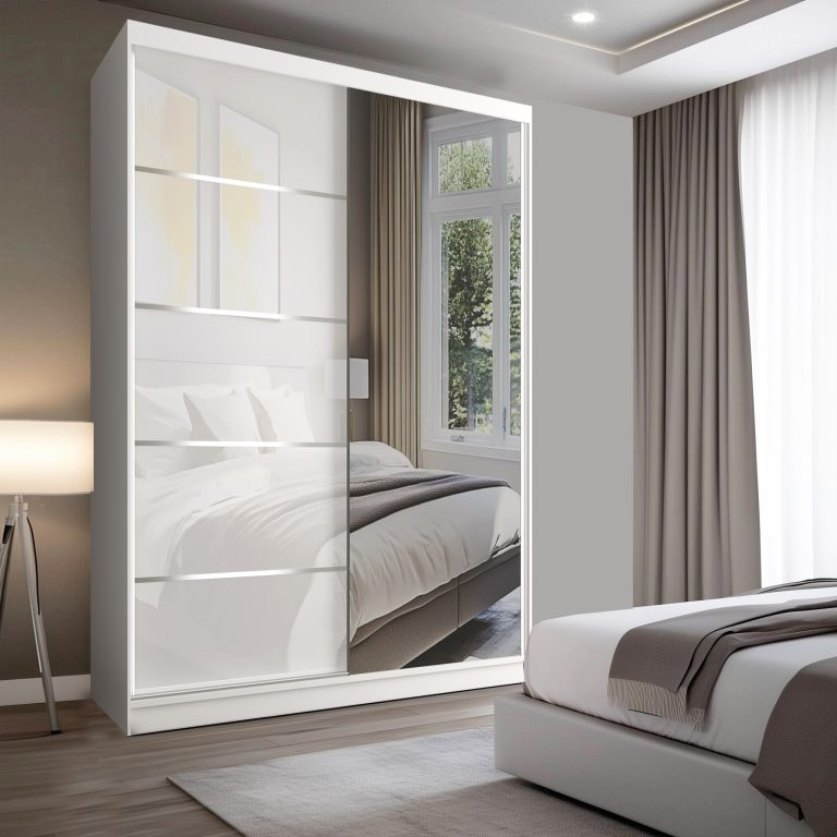 Šatní skříň SERENITY 133 cm Belini bílý mat / bílý lesk s posuvnými dveřmi a zrcadlem Výrobce MGB SERENITY SZP6/0/W/W/0/HIAL