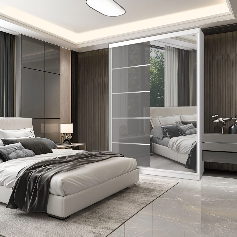 Šatní skříň SERENITY 133 cm Belini bílý mat / šedý lesk s posuvnými dveřmi a zrcadlem Výrobce MGB SERENITY SZP6/0/W/S/0/HIAL