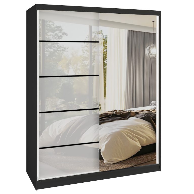 Šatní skříň SERENITY 133 cm Belini černý mat / bílý lesk  s posuvnými dveřmi a zrcadlem Výrobce MGB SERENITY SZP6/0/B/W/0/HIAL