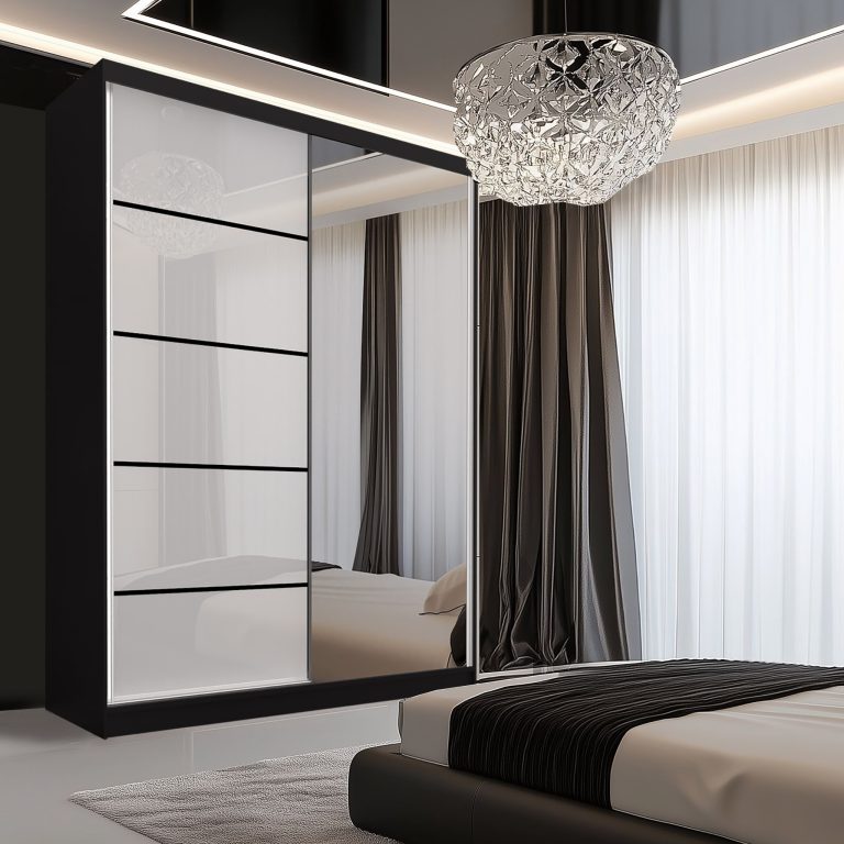 Šatní skříň SERENITY 133 cm Belini černý mat / bílý lesk  s posuvnými dveřmi a zrcadlem Výrobce MGB SERENITY SZP6/0/B/W/0/HIAL
