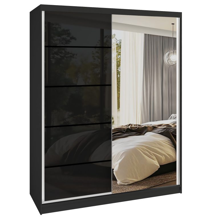 Šatní skříň SERENITY 133 cm Belini černý mat / černý lesk  s posuvnými dveřmi a zrcadlem Výrobce MGB SERENITY SZP6/0/B/B/0/HIAL