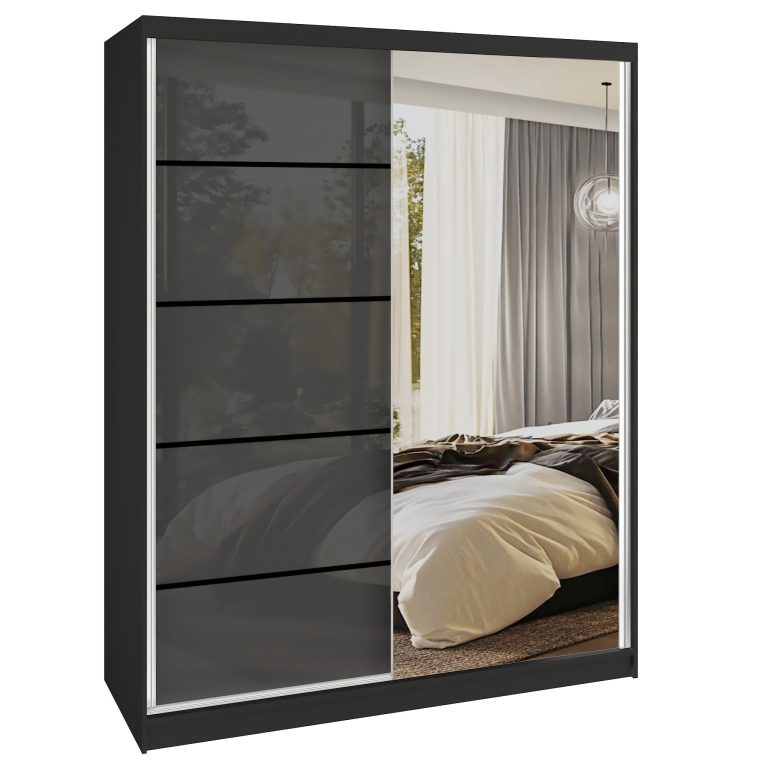 Šatní skříň SERENITY 133 cm Belini černý mat / černý lesk  s posuvnými dveřmi a zrcadlem Výrobce MGB SERENITY SZP6/0/B/S/0/HIAL