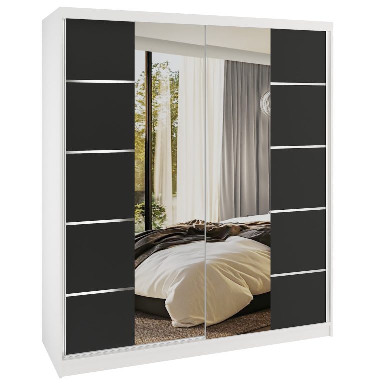 Šatní skříň SERENITY 158 cm Belini bílý mat / černý mat s posuvnými dveřmi a zrcadlem Výrobce ME SERENITY SZP7/0/W/B/0/HIAL