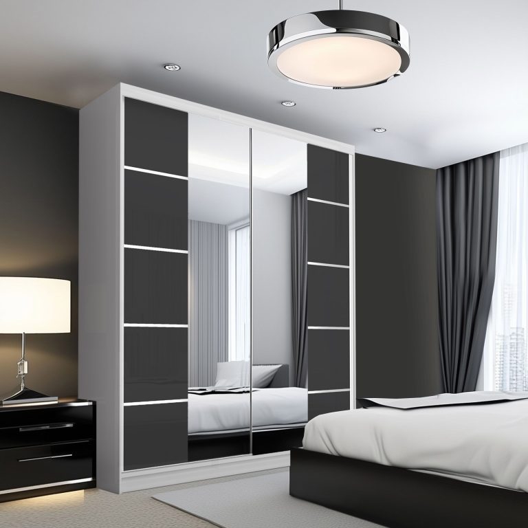 Šatní skříň SERENITY 158 cm Belini bílý mat / černý mat s posuvnými dveřmi a zrcadlem Výrobce ME SERENITY SZP7/0/W/B/0/HIAL