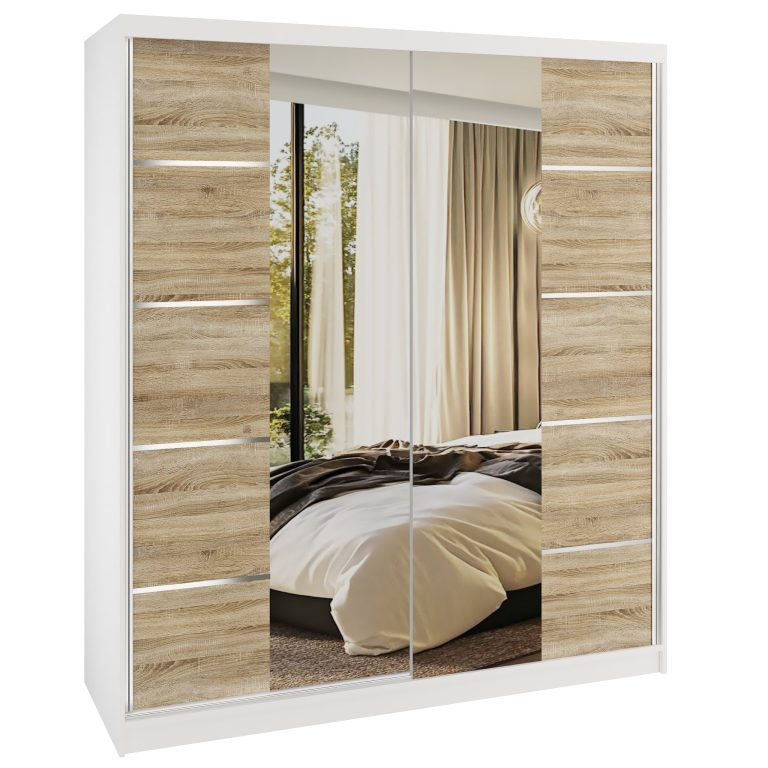 Šatní skříň SERENITY 158 cm Belini bílý mat / dub sonoma s posuvnými dveřmi a zrcadlem Výrobce ME SERENITY SZP7/0/W/DS/0/HIAL 