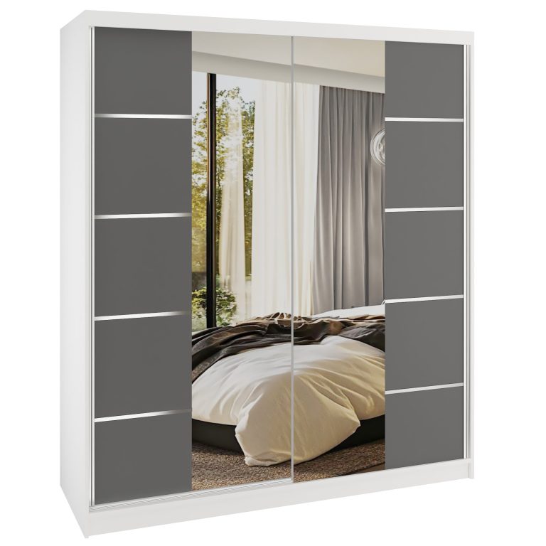 Šatní skříň SERENITY 158 cm Belini bílý mat / šedý mat
s posuvnými dveřmi a zrcadlem Výrobce ME SERENITY SZP7/0/W/SR/0/HIAL 