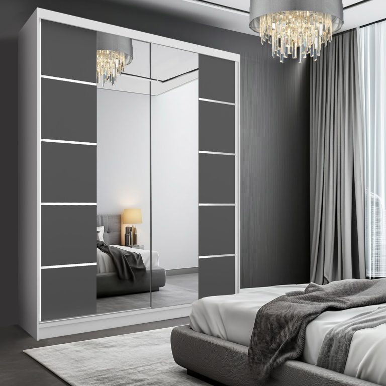 Šatní skříň SERENITY 158 cm Belini bílý mat / šedý mat
s posuvnými dveřmi a zrcadlem Výrobce ME SERENITY SZP7/0/W/SR/0/HIAL 