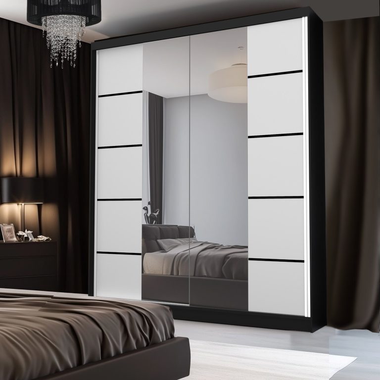 Šatní skříň SERENITY 158 cm Belini černý mat / bílý mat
s posuvnými dveřmi a zrcadlem Výrobce ME SERENITY SZP7/0/B/W/0/HIAL 