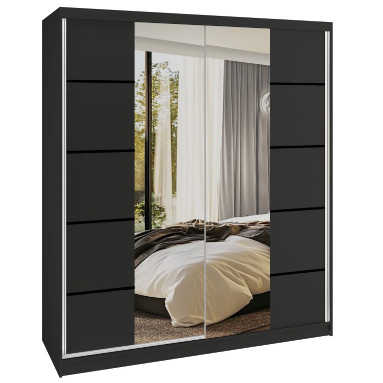 Šatní skříň SERENITY 158 cm Belini černý mat / černý mat
 s posuvnými dveřmi a zrcadlem Výrobce ME SERENITY SZP7/0/B/B/0/HIAL 